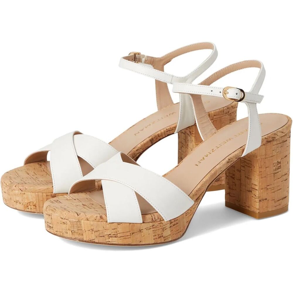 Stuart Weitzman Dayna Platform Leather/Cork 80mm Block Heel Sandals Cream 5